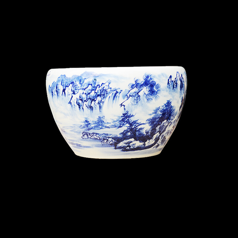 景德鎮(zhèn)陶瓷手繪青花魚缸 江山如畫，風(fēng)水雅趣